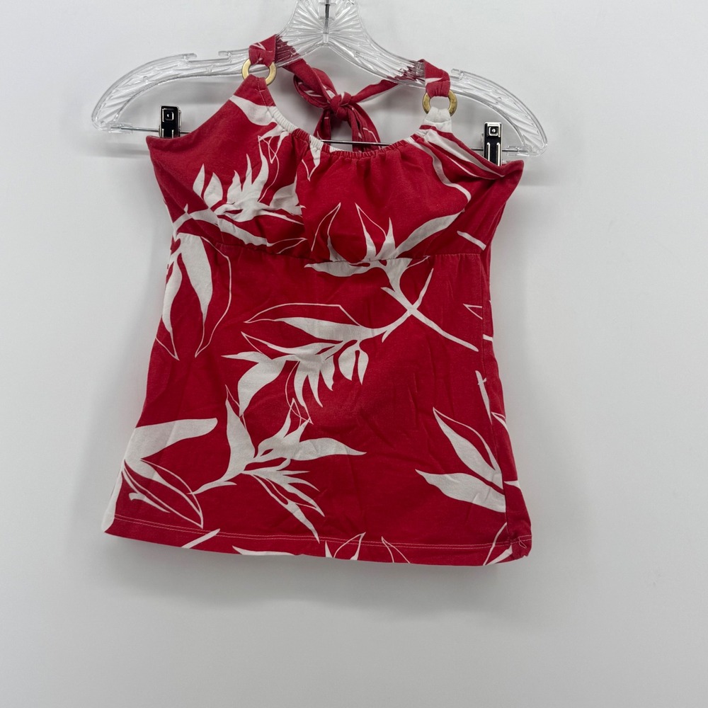 Banana Republic Red White Tropical Leaf Halter Top Gold Ring‎ XS 624264-02-1